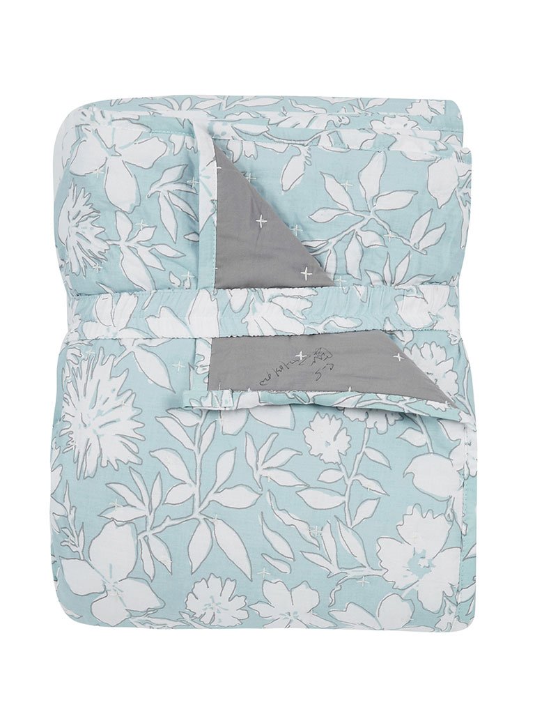 Westside Home Light-Blue Tropical Print Double Quilted Bed Cover And Two Pillowcases Set