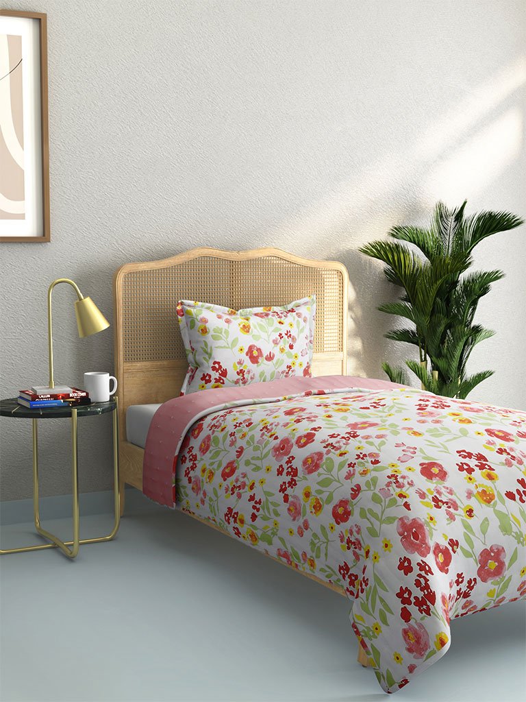 Westside Home Multicolour Quilted Floral Single Bedcover With One Pillowcase Set