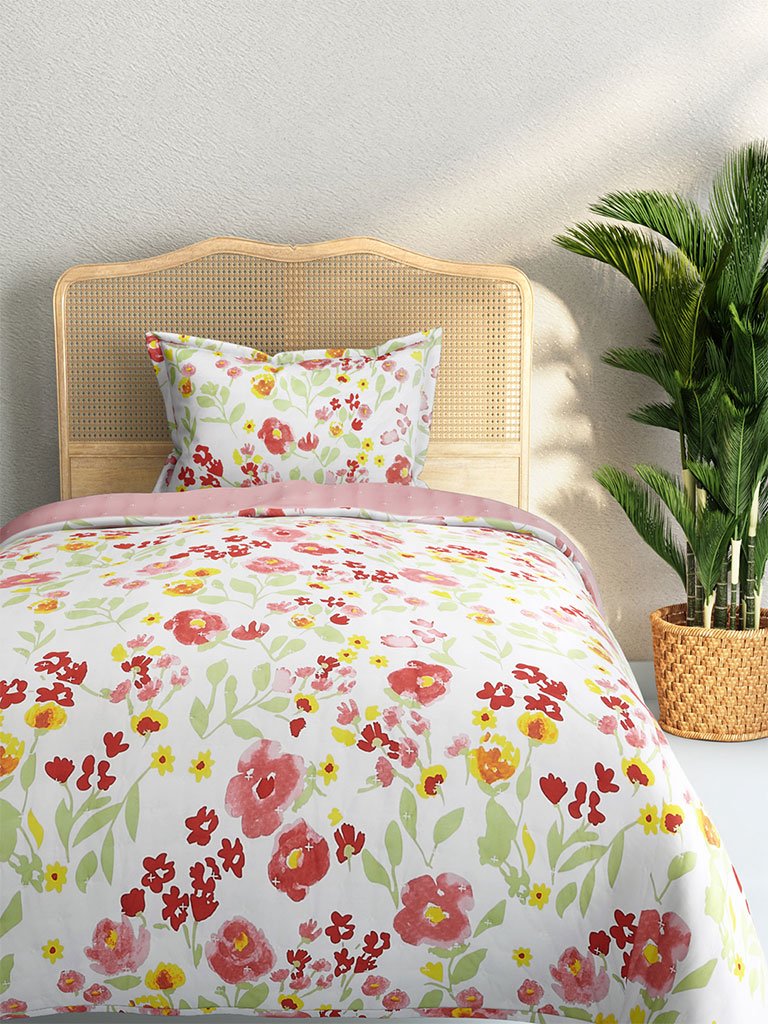 Westside Home Multicolour Quilted Floral Single Bedcover With One Pillowcase Set