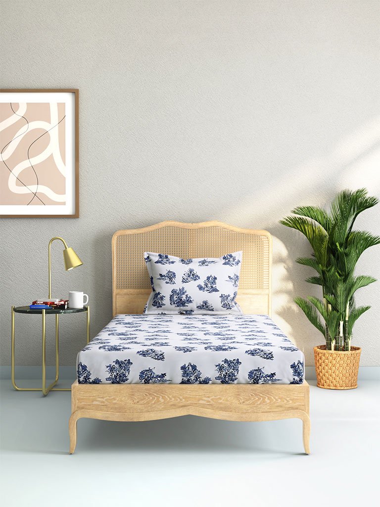 Westside Home Blue Floral 210 TC Sateen Single Bedsheet With One Pillowcase Set