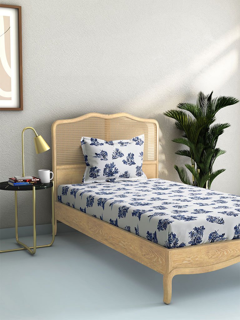 Westside Home Blue Floral 210 TC Sateen Single Bedsheet With One Pillowcase Set