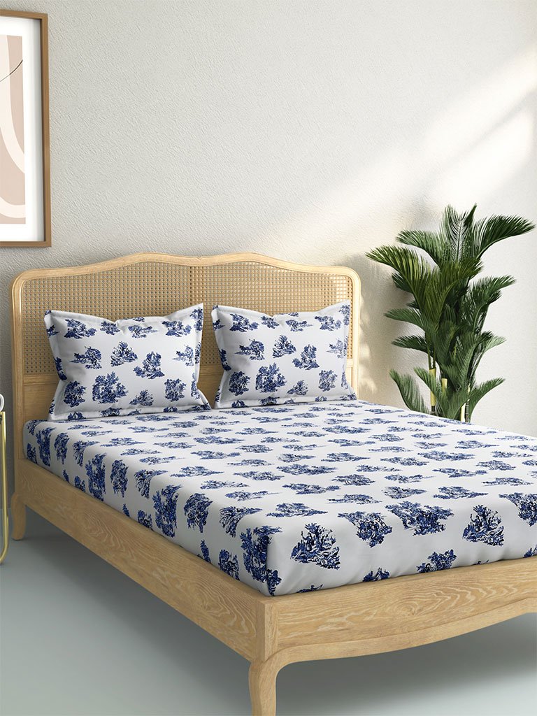 Westside Home Blue Floral 210 TC Sateen Double Bedsheet With Two Pillowcases Set