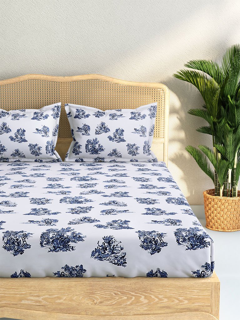 Westside Home Blue Floral 210 TC Sateen Double Bedsheet With Two Pillowcases Set