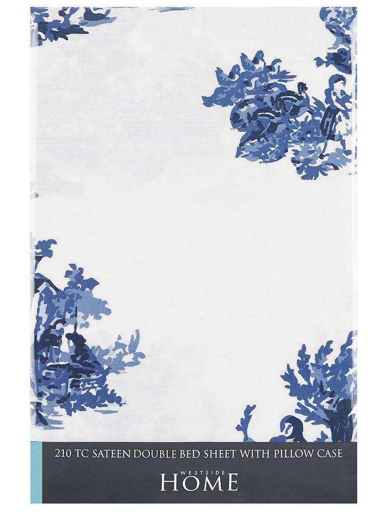 Westside Home Blue Floral 210 TC Sateen Double Bedsheet With Two Pillowcases Set