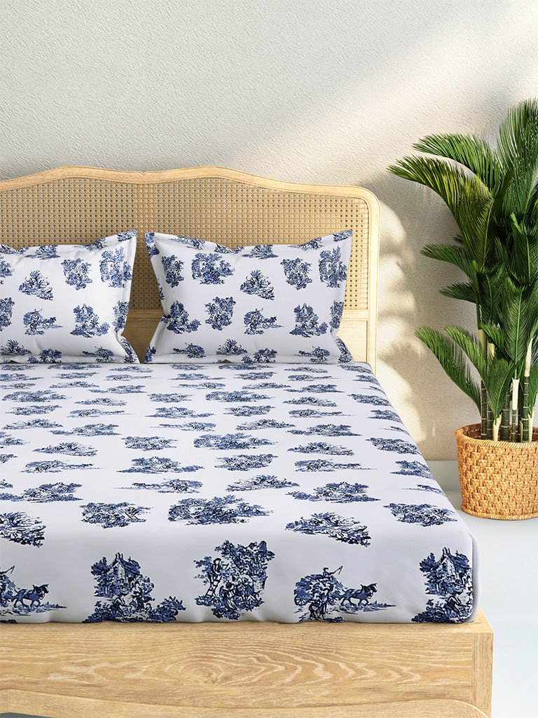 Westside Home Blue Floral 210 TC Sateen King Bedsheet With Two Pillowcases Set