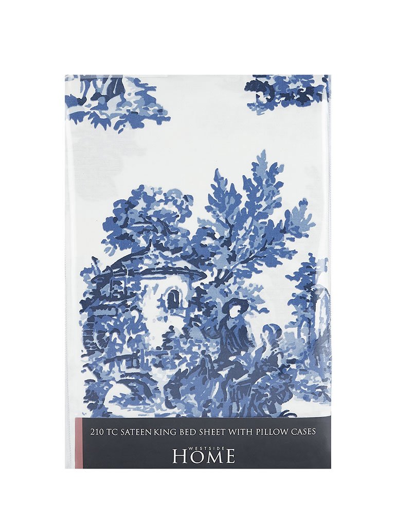 Westside Home Blue Floral 210 TC Sateen King Bedsheet With Two Pillowcases Set