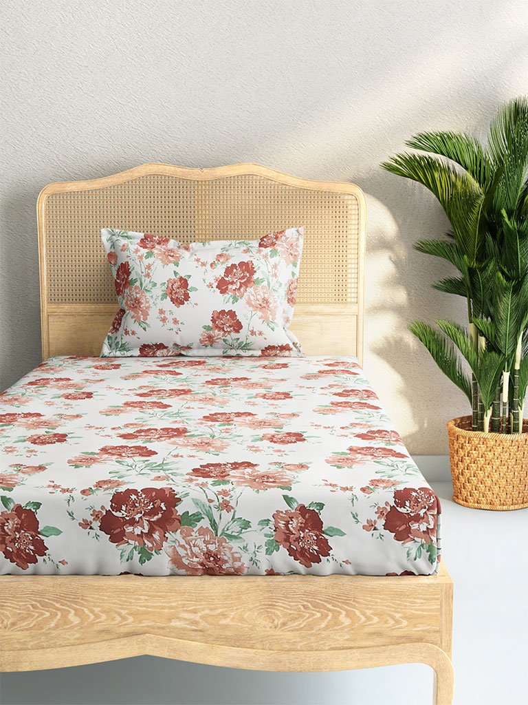 Westside Home Multicolour Floral 210 TC Sateen Single Bedsheet With One Pillowcase Set