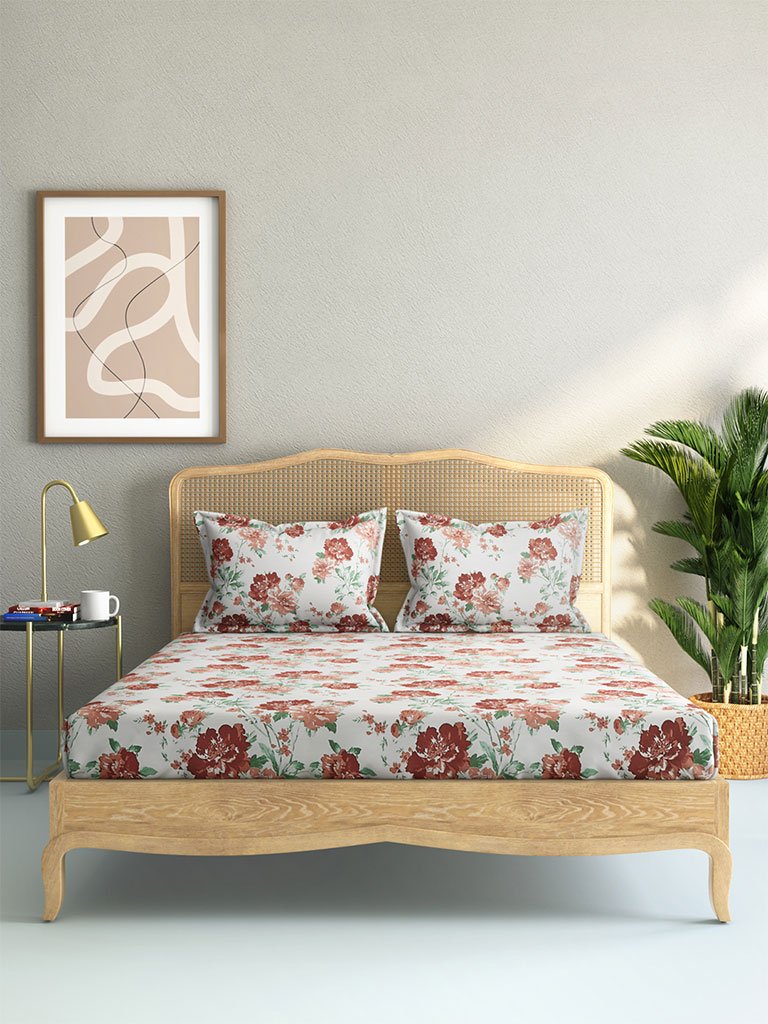 Westside Home Multicolour Floral 210 TC Sateen Double Bedsheet With Two Pillowcases Set