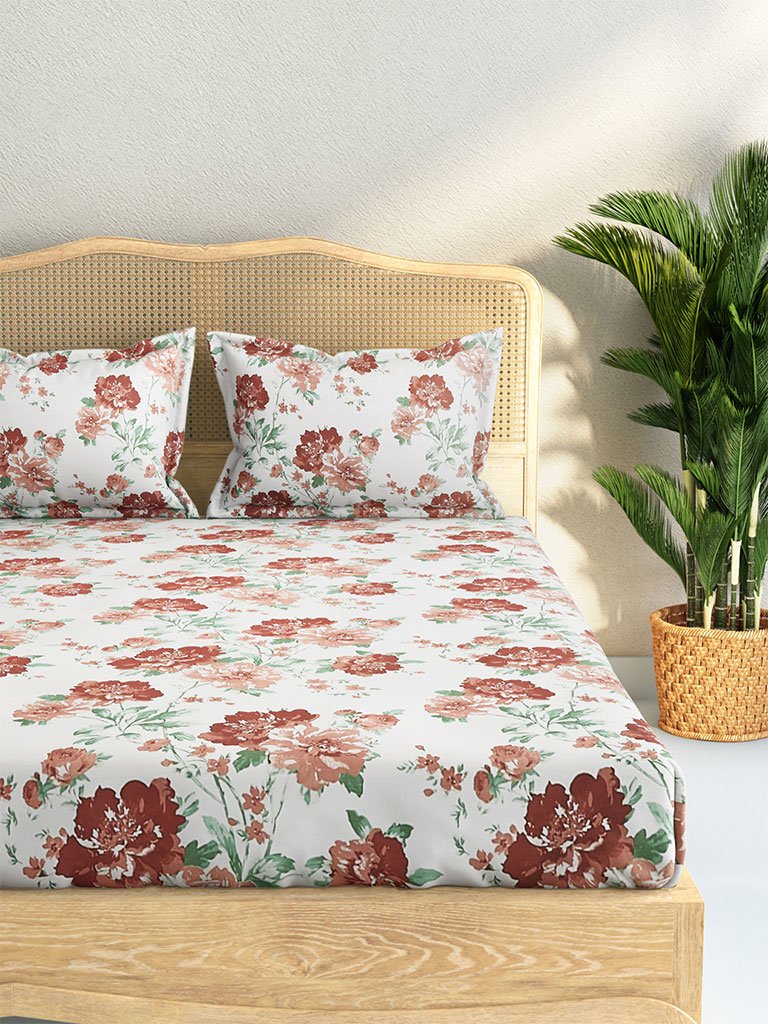 Westside Home Multicolour Floral 210 TC Sateen Double Bedsheet With Two Pillowcases Set