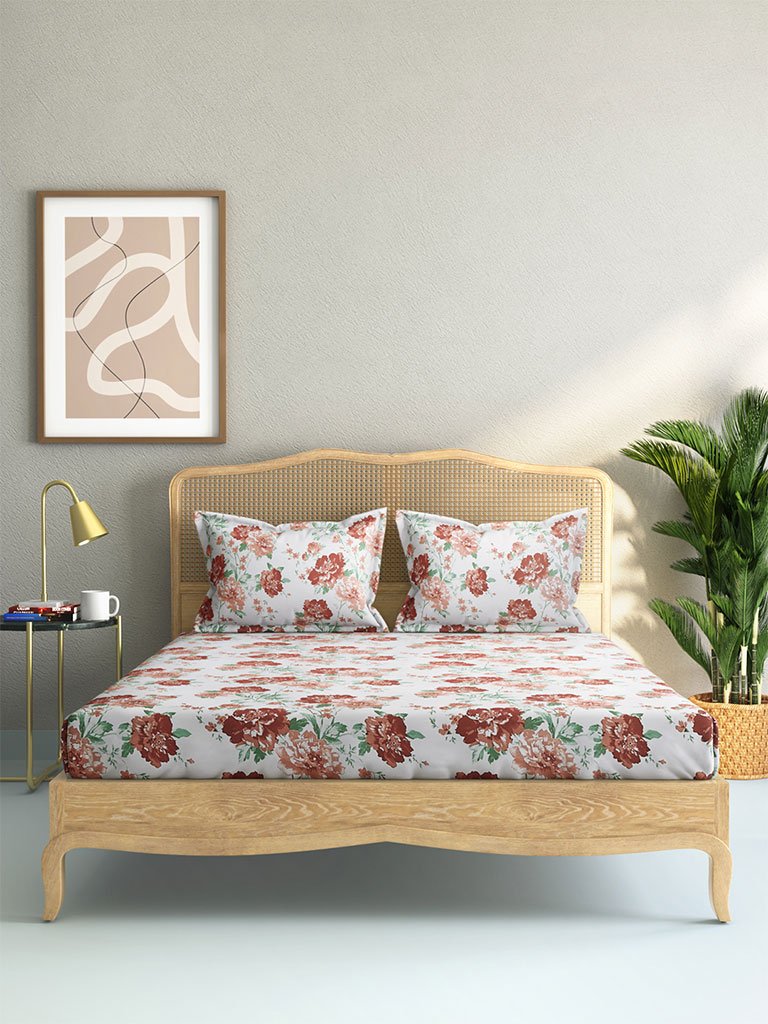 Westside Home Multicolour Floral 210 TC Sateen King Bedsheet With Two Pillowcases Set