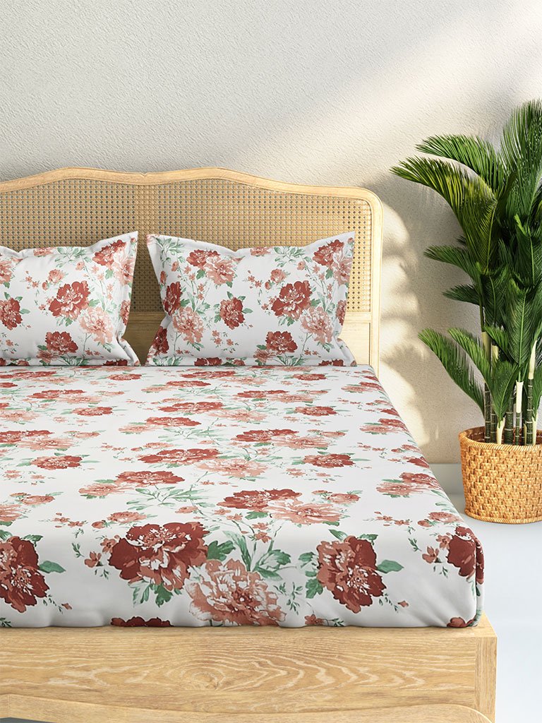 Westside Home Multicolour Floral 210 TC Sateen King Bedsheet With Two Pillowcases Set