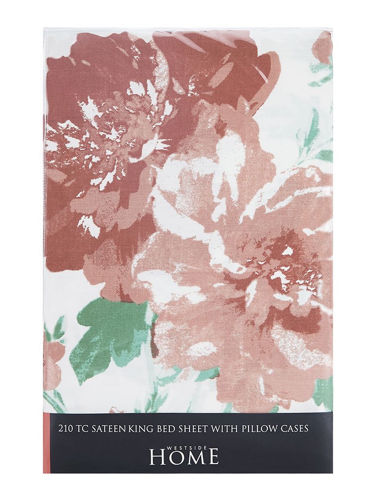 Westside Home Multicolour Floral 210 TC Sateen King Bedsheet With Two Pillowcases Set