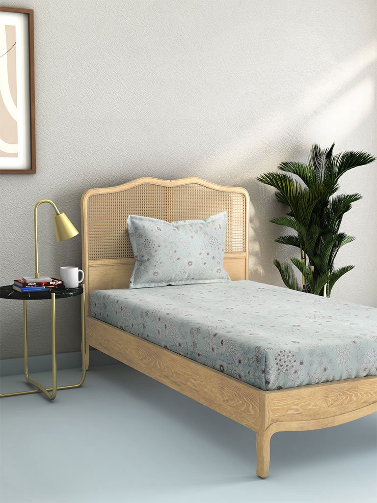 Westside Home Light Blue 210 TC Sateen Single Bedsheet With One Pillowcase Set