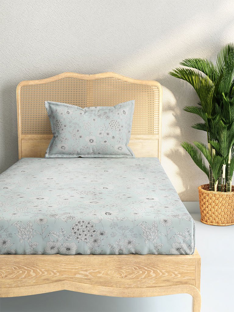 Westside Home Light Blue 210 TC Sateen Single Bedsheet With One Pillowcase Set