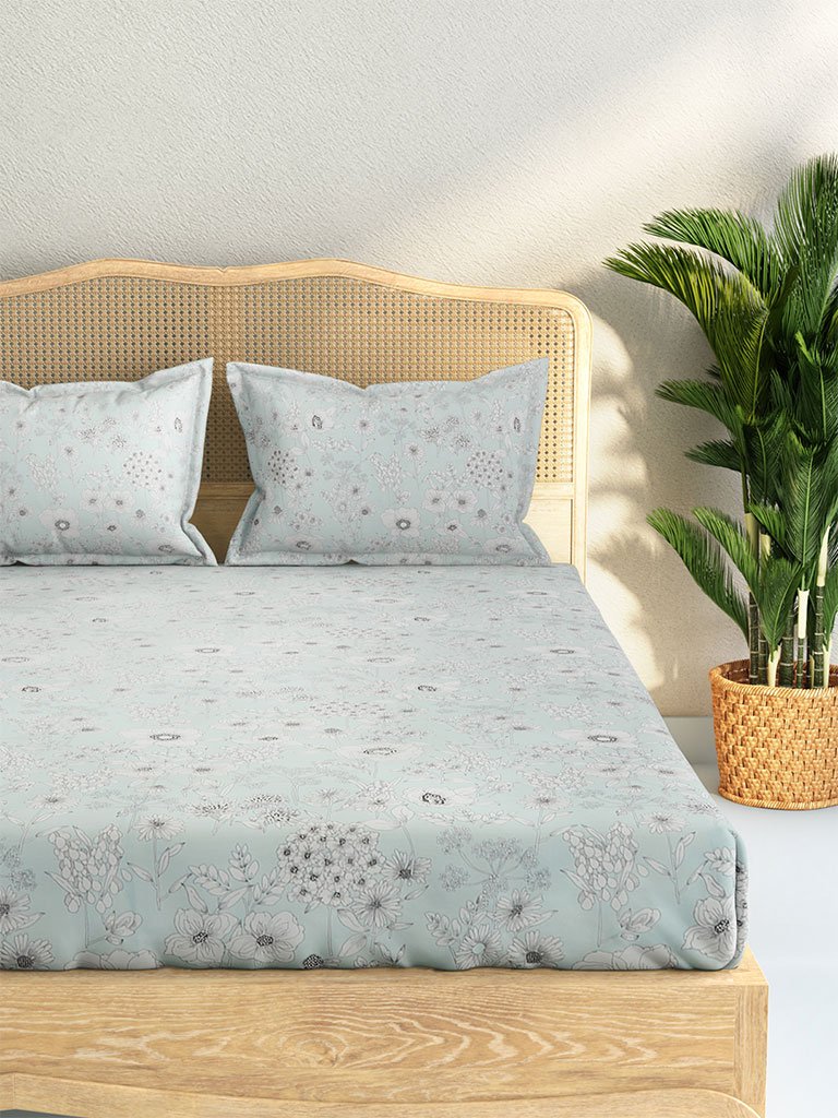 Westside Home Light Blue 210 TC Sateen King Bedsheet With Two Pillowcases Set