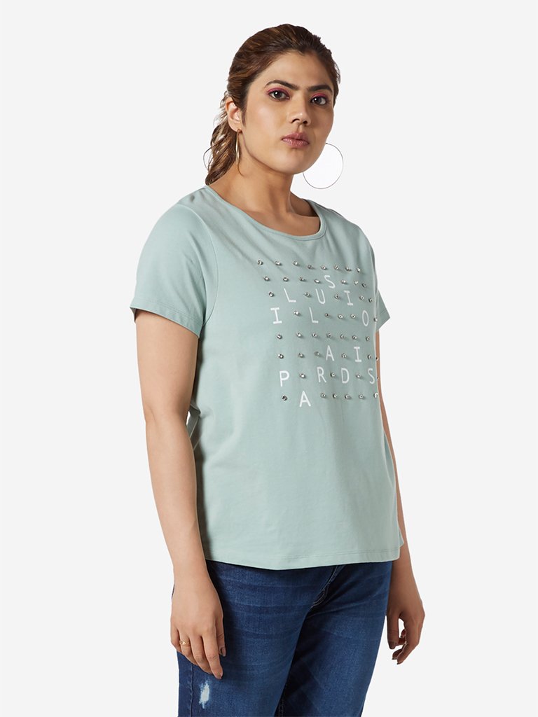 Sassy Soda Curve Sage Green Printed T-Shirt