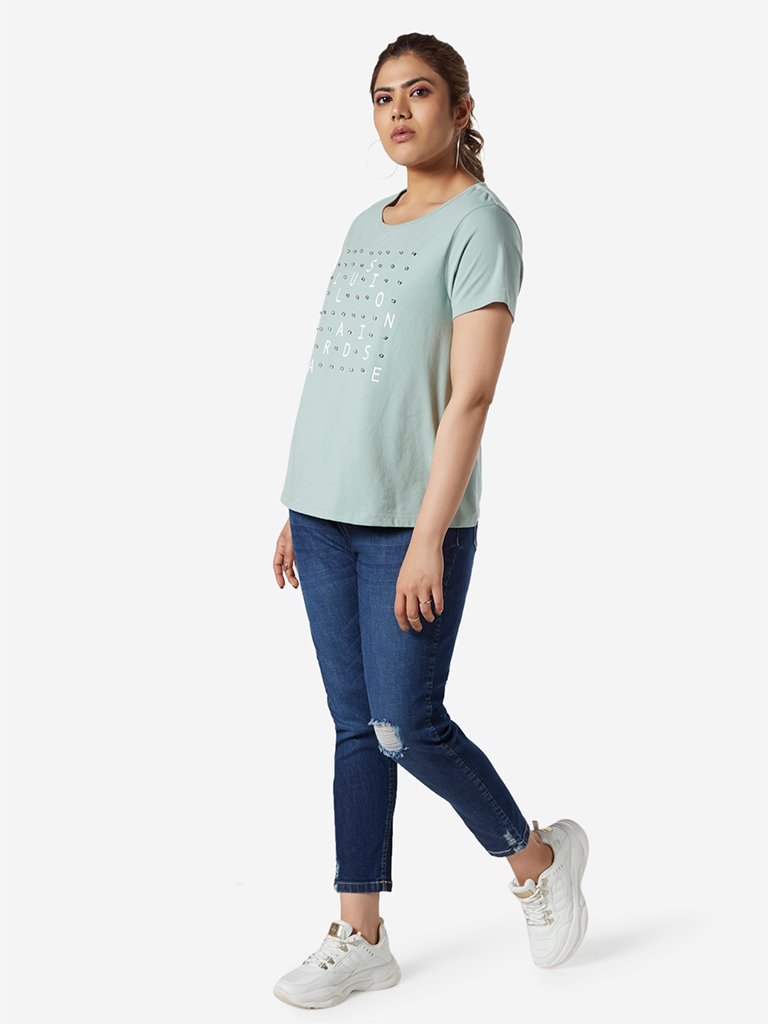 Sassy Soda Curve Sage Green Printed T-Shirt