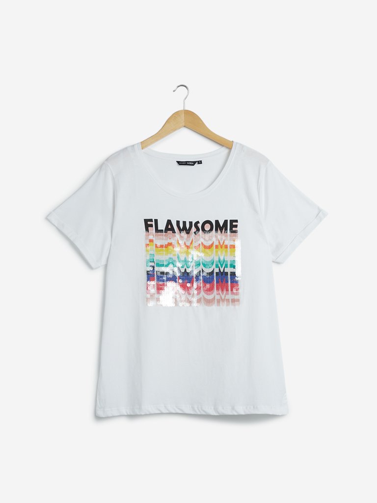 Sassy Soda Curves White Sequinned Thea T-Shirt