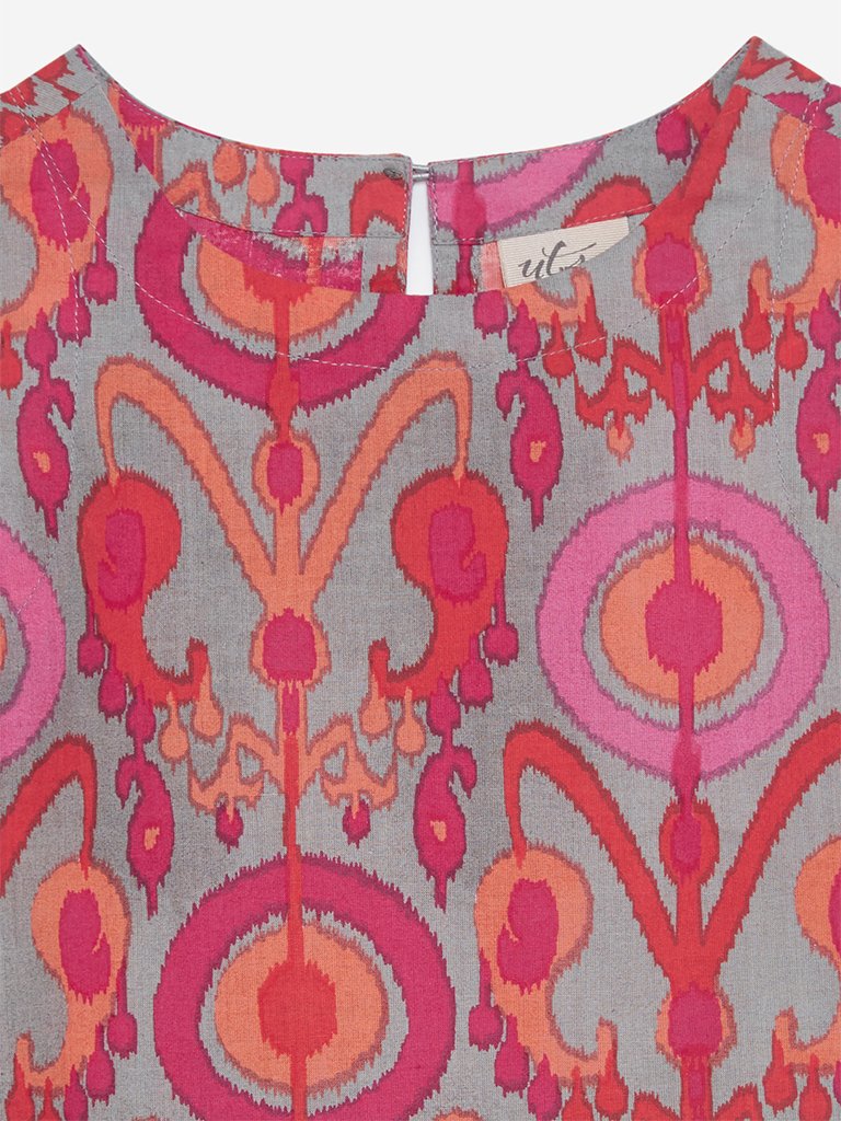 Utsa Kids Grey Ethnic Print A-Line Kurta