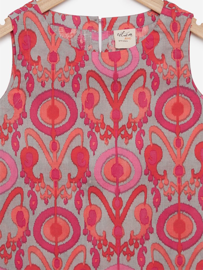 Utsa Kids Grey Ethnic Print A-Line Kurta