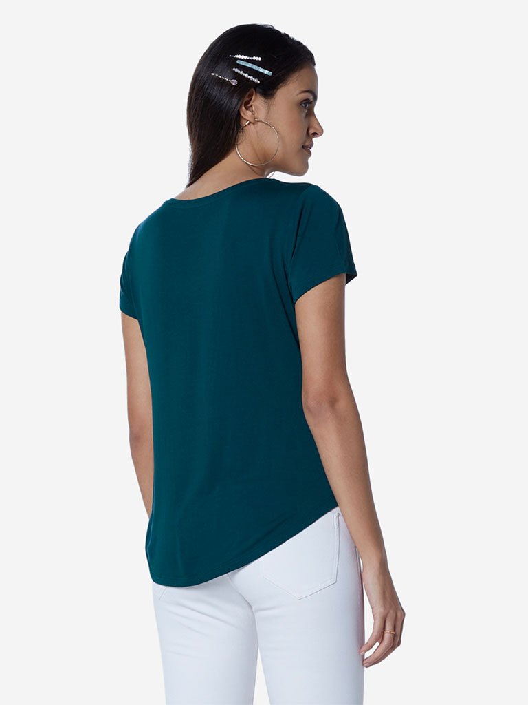 LOV Teal Text Print High-Low Sherry T-Shirt