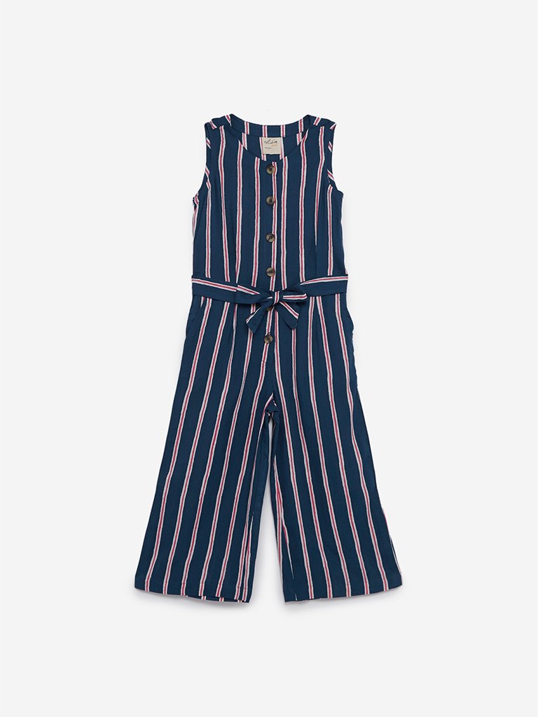 Utsa Kids Indigo Striped Jumpsuit With Belt