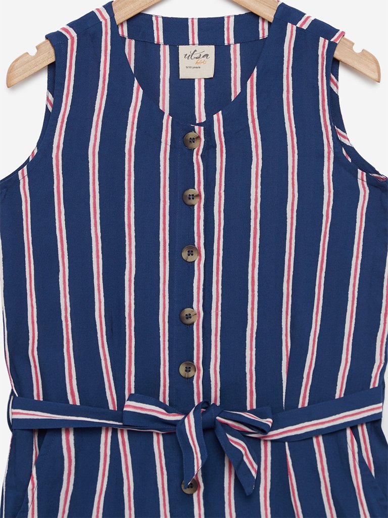 Utsa Kids Indigo Striped Jumpsuit With Belt