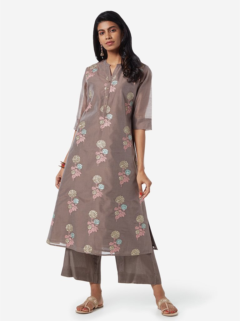 Vark Dark Grey Embroidered Kurta And Palazzos Set