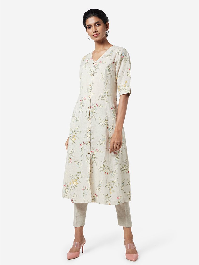 Zuba Beige Floral Printed A-line Kurta
