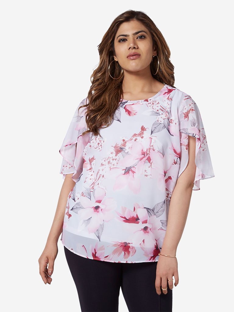 Gia Curve White Floral Printed Esther Top