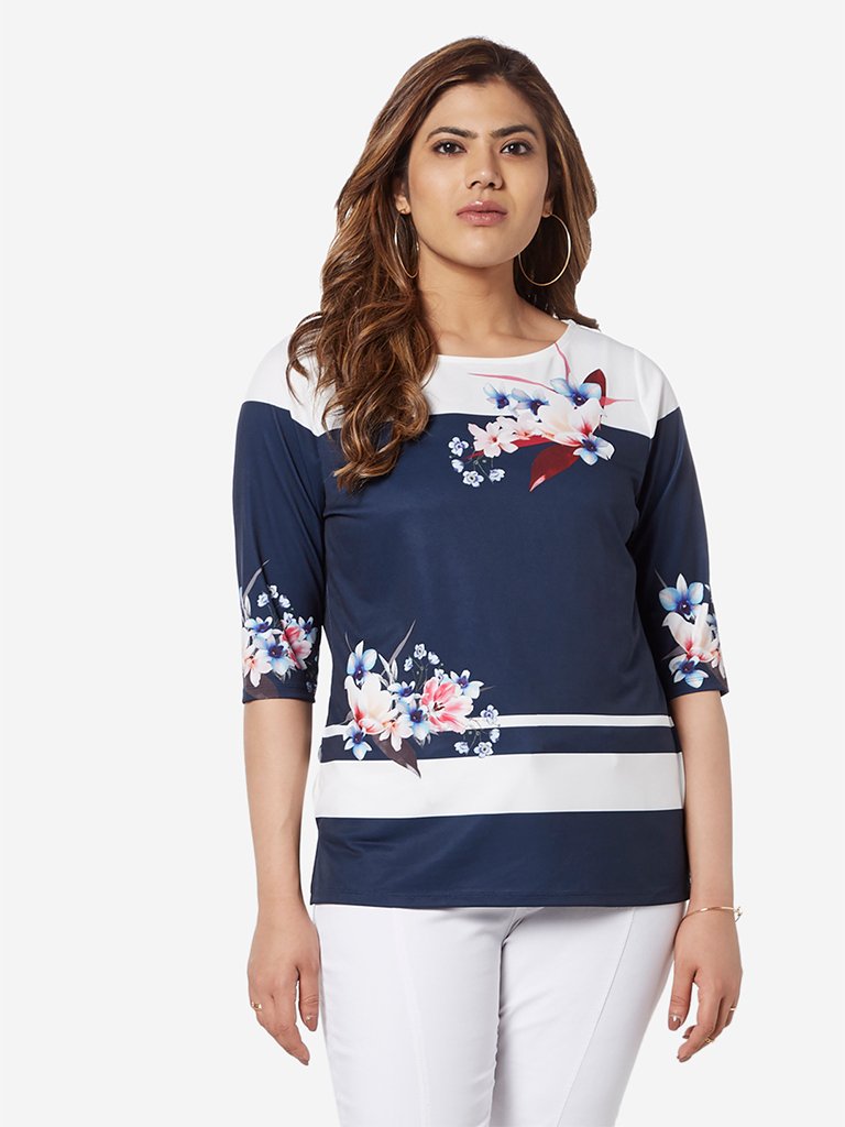 Gia Curve Navy Flower Printed Top
