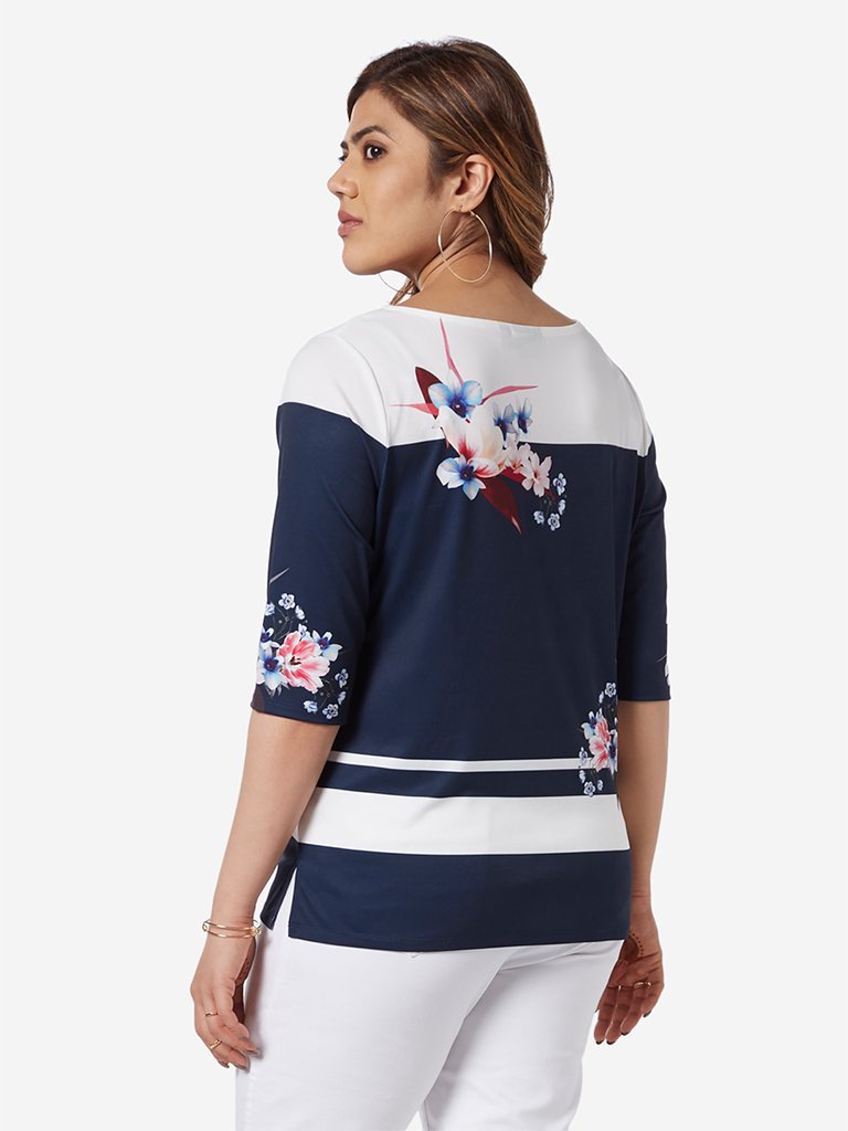 Gia Curve Navy Flower Printed Top