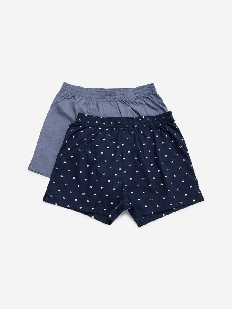 WES Lounge Navy Woven Cotton Boxers Pack of Two