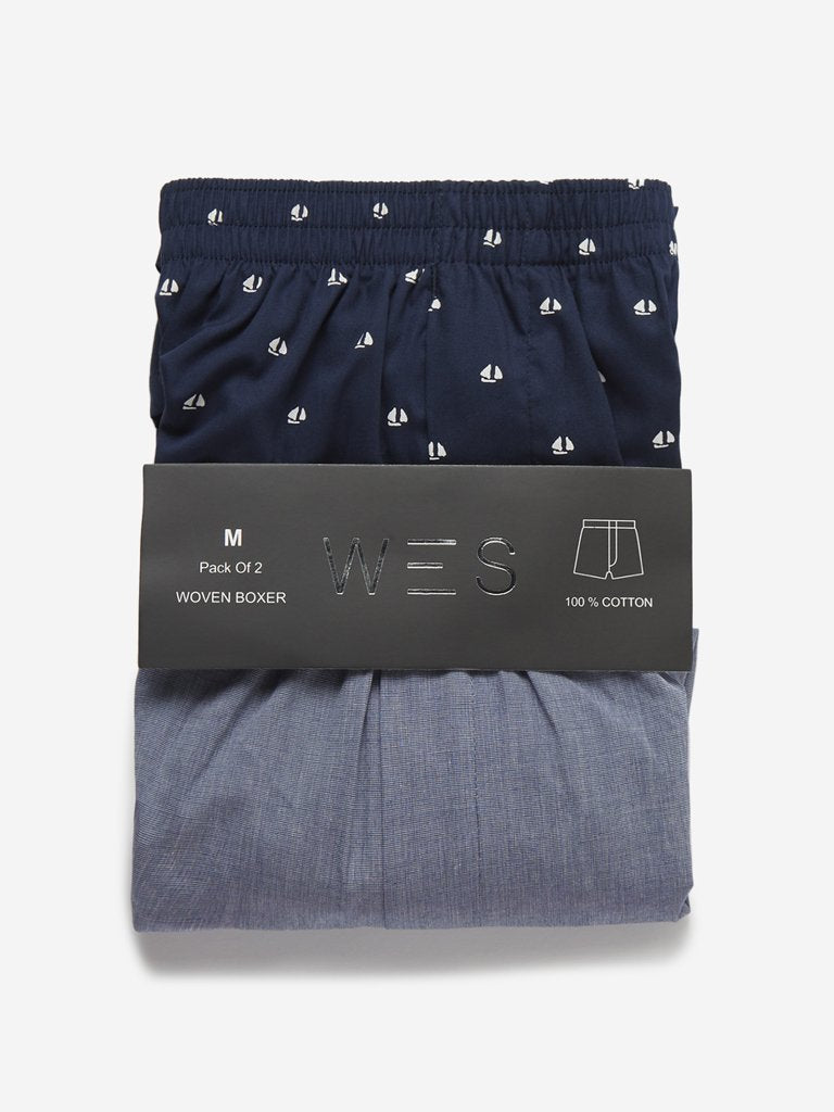 WES Lounge Navy Woven Cotton Boxers Pack of Two