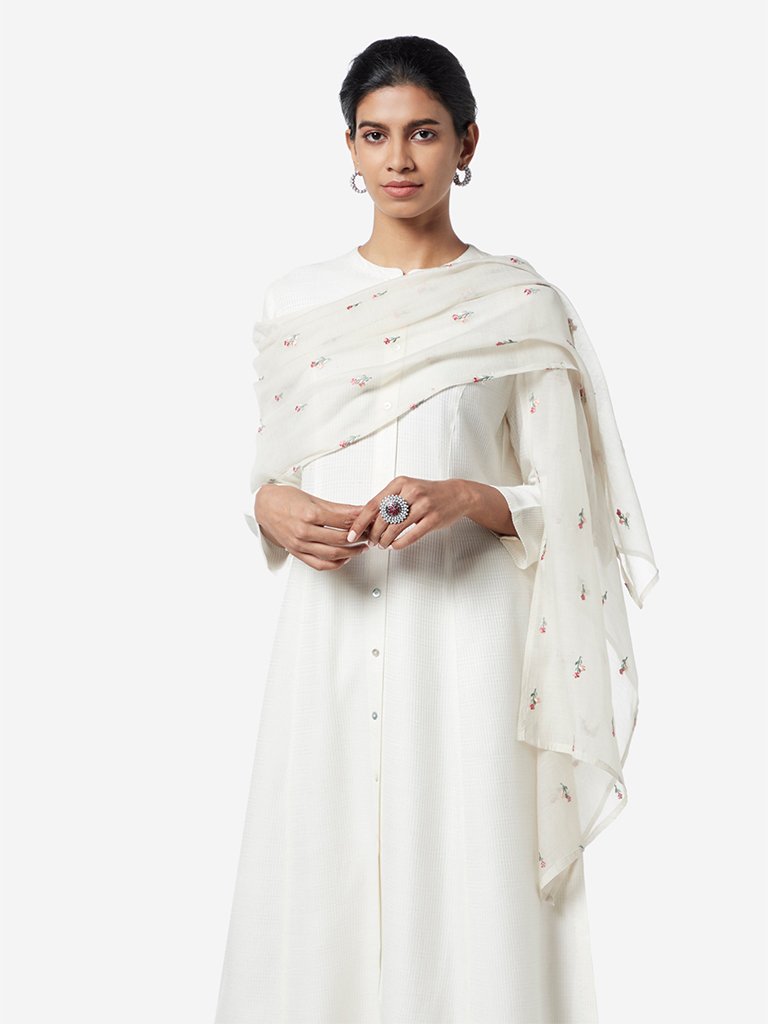 Zuba Beige Floral Embroidered Cotton-Silk Stole