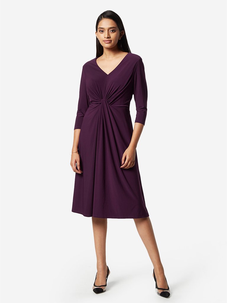 Wardrobe Aubergine Twist-Draping Dress
