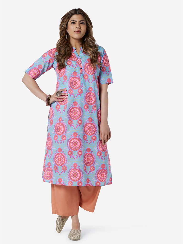 Diza Curve Blue Circle Pattern Straight Kurta