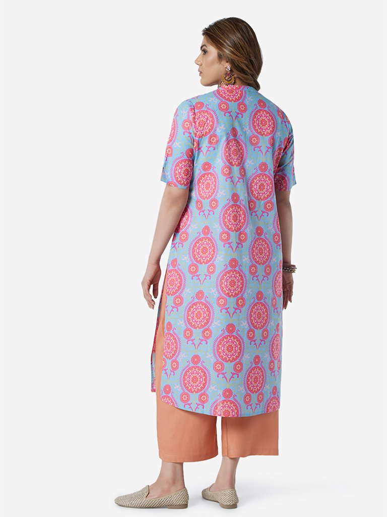 Diza Curve Blue Circle Pattern Straight Kurta