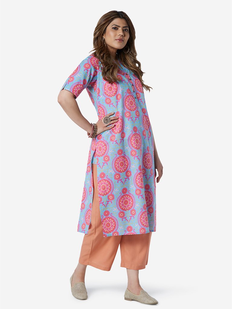 Diza Curve Blue Circle Pattern Straight Kurta