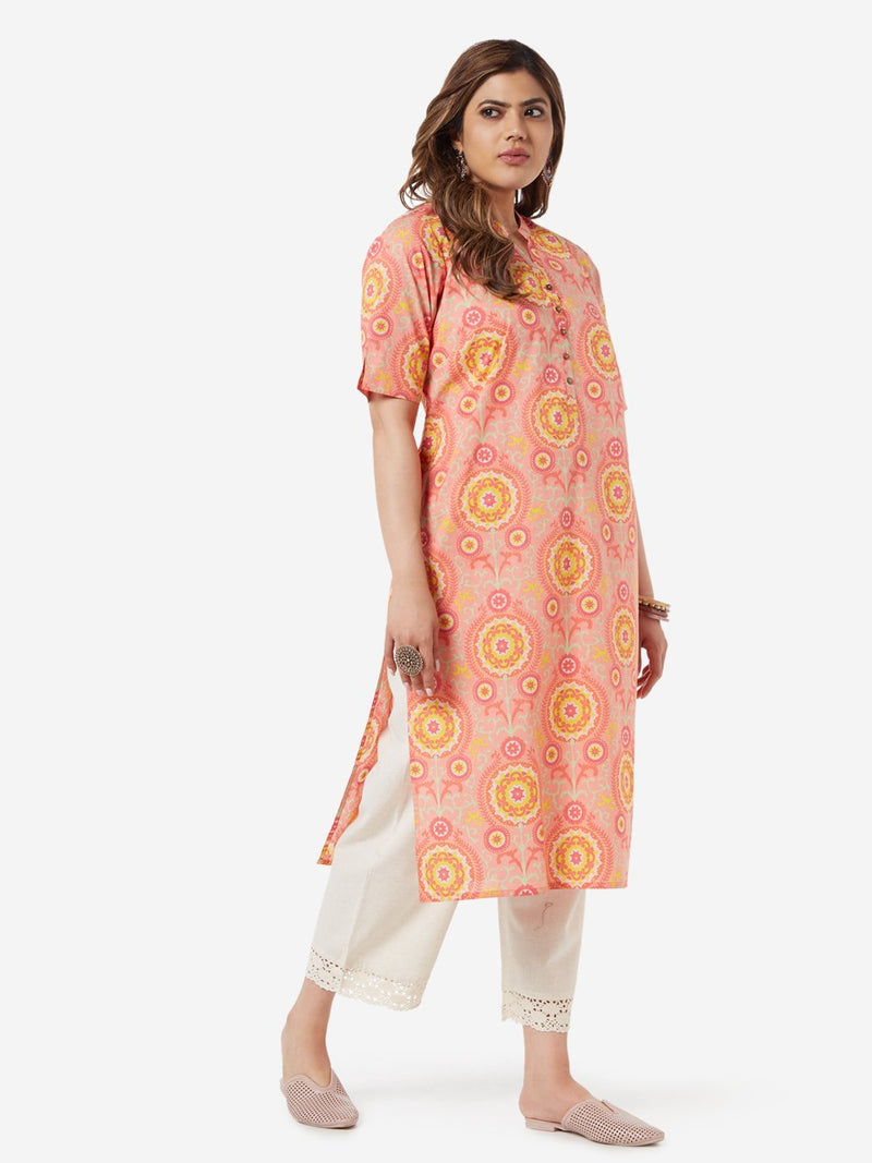 Diza Curve Peach Ethnic Printed Straight Kurta