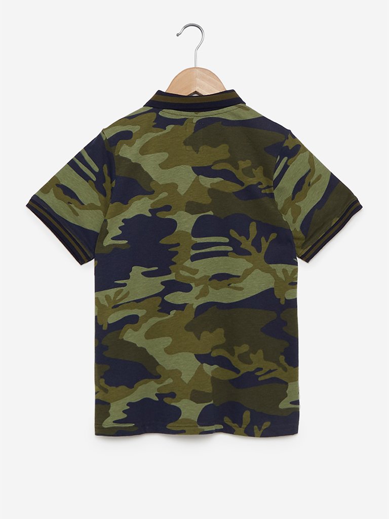 Y&F Kids Olive Camouflage Print Polo T-Shirt