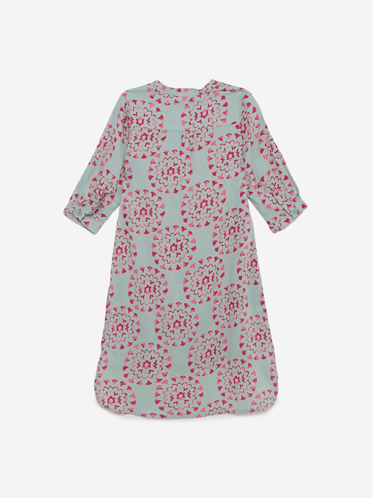 Utsa Kids Sage Green Floral High-Low Kurta