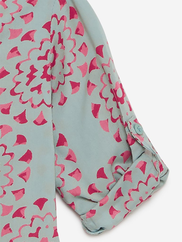 Utsa Kids Sage Green Floral High-Low Kurta