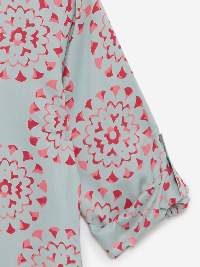 Utsa Kids Sage Green Floral High-Low Kurta