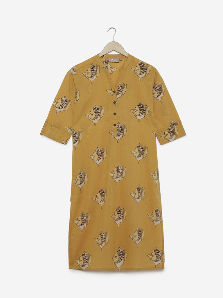 Utsa Mustard Peacock Print Straight Kurta