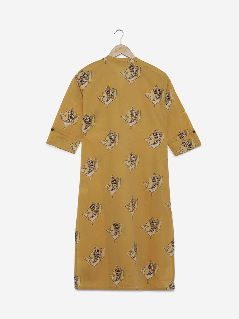Utsa Mustard Peacock Print Straight Kurta
