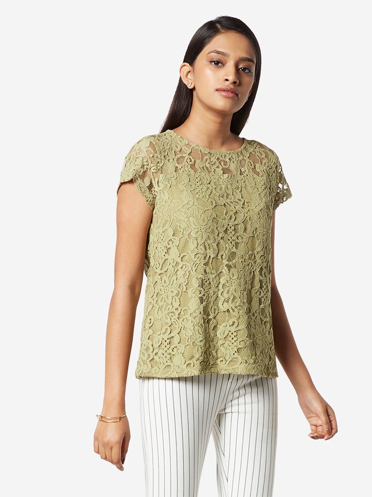 Wardrobe Sage Green Floral Lace Blush Top