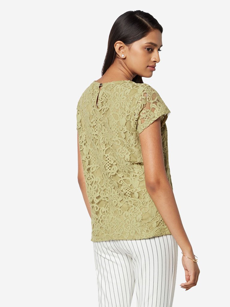Wardrobe Sage Green Floral Lace Blush Top