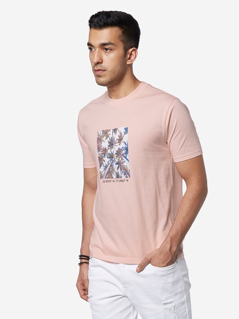 Nuon Light Pink Printed Slim Fit T-Shirt
