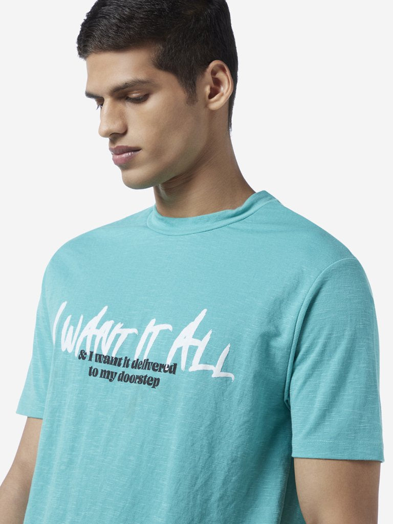 Nuon Teal Text Pattern Slim-Fit T-Shirt